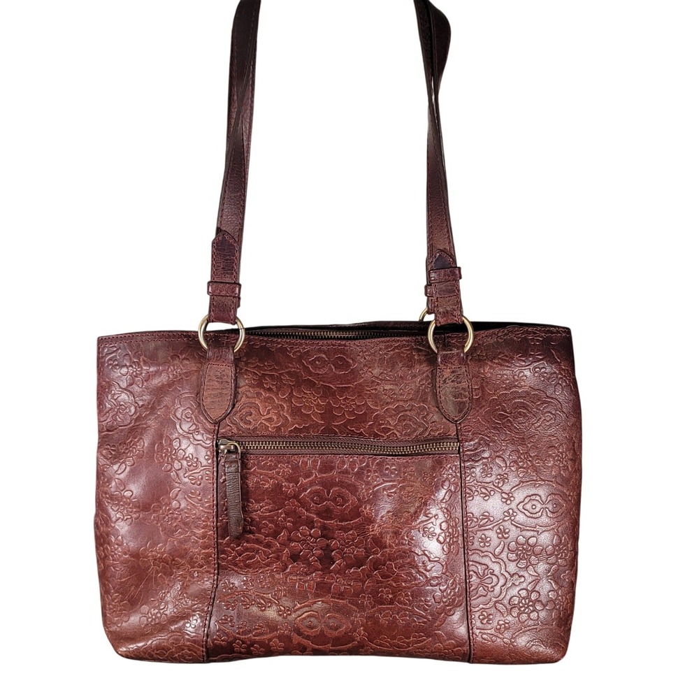 Diba True Floral Embossed Leather Large Shoulder Bag Brown Boho Tooled Tassel - Picture 2 of 16